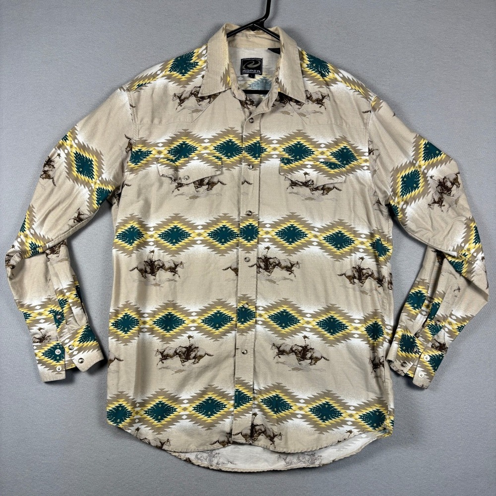 Roper Western Snap Shirt Aztec Southwestern Horse Print Large Tan Mens